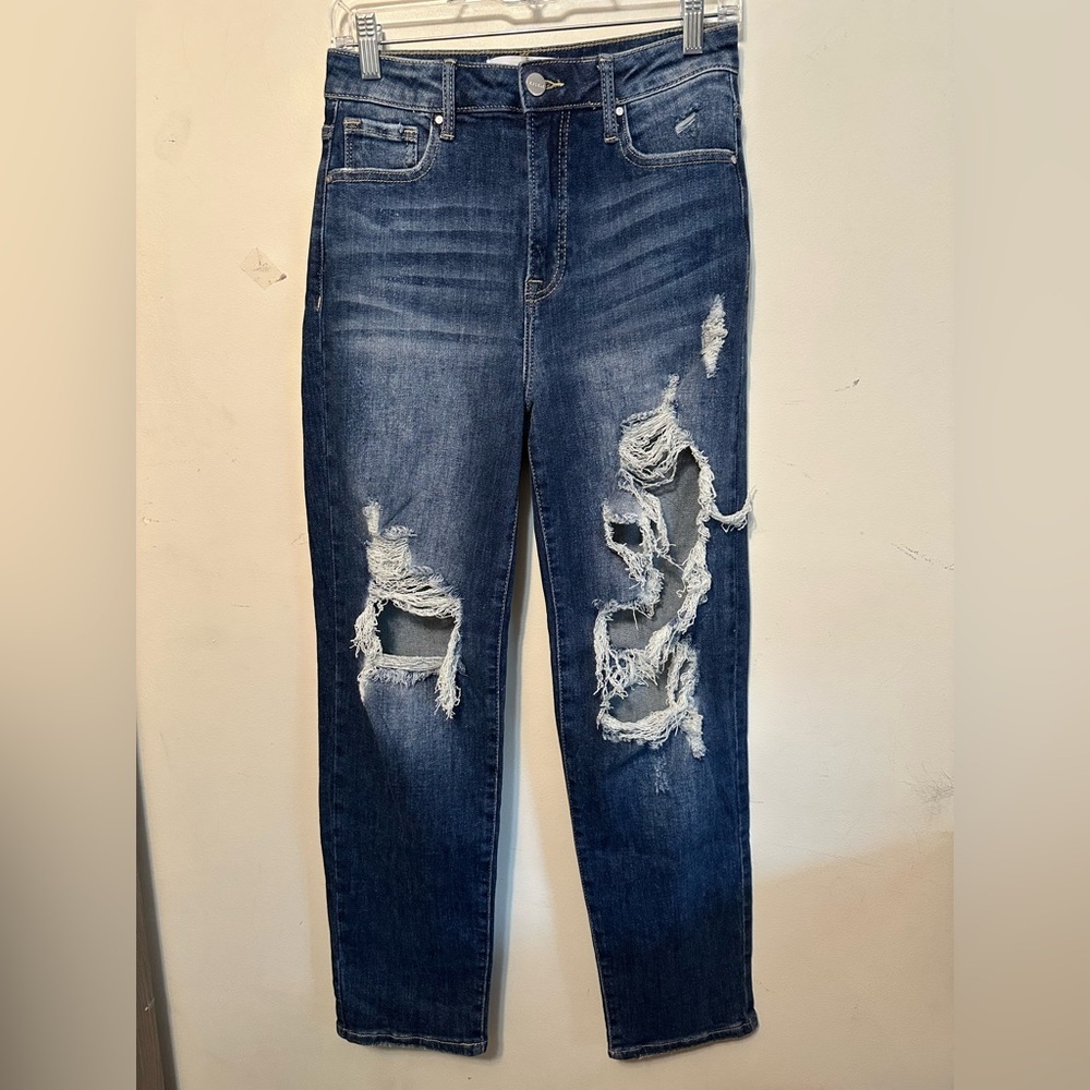 Risen Women's Izetta High Rise Distressed Straight Leg Jeans Size 5/27 Dark Wash